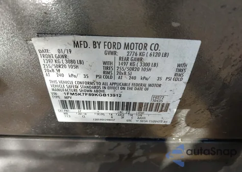 2019 Ford Explorer Limited z USA, uszkodzony, nr VIN 1FM5K7F89KGB13912